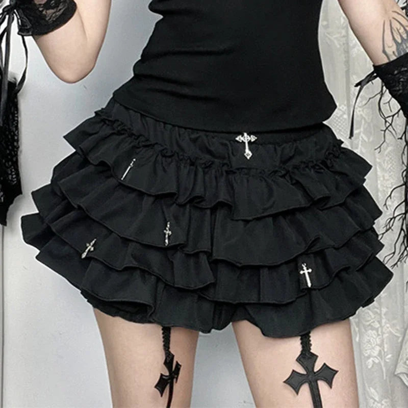 Cross Charm Ruffle Mini Skirt