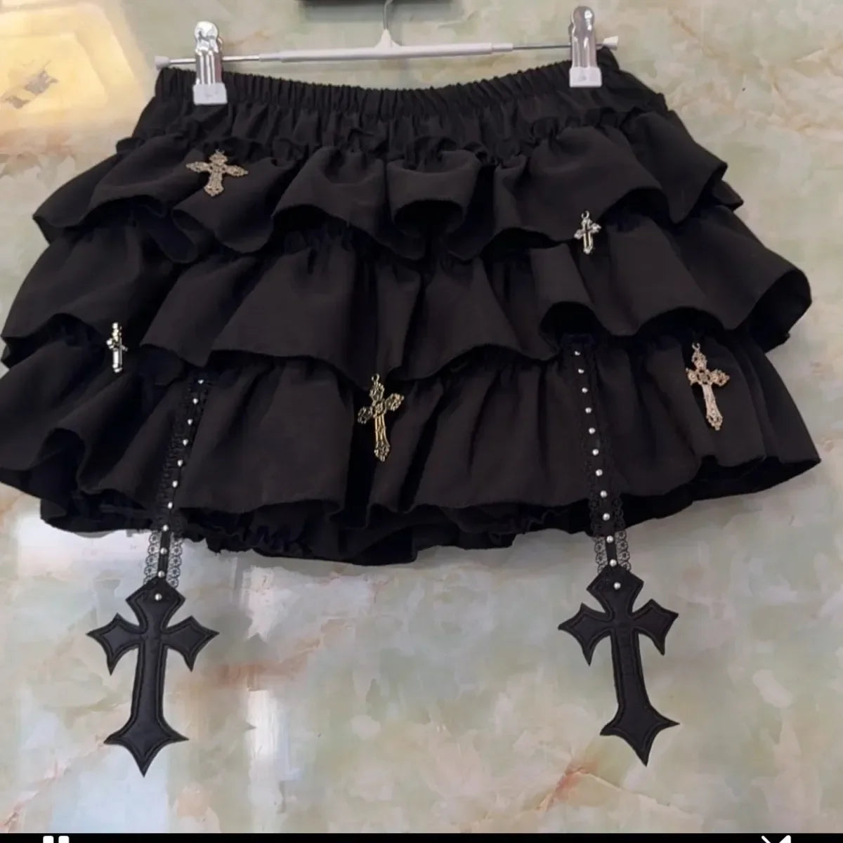 Cross Charm Ruffle Mini Skirt