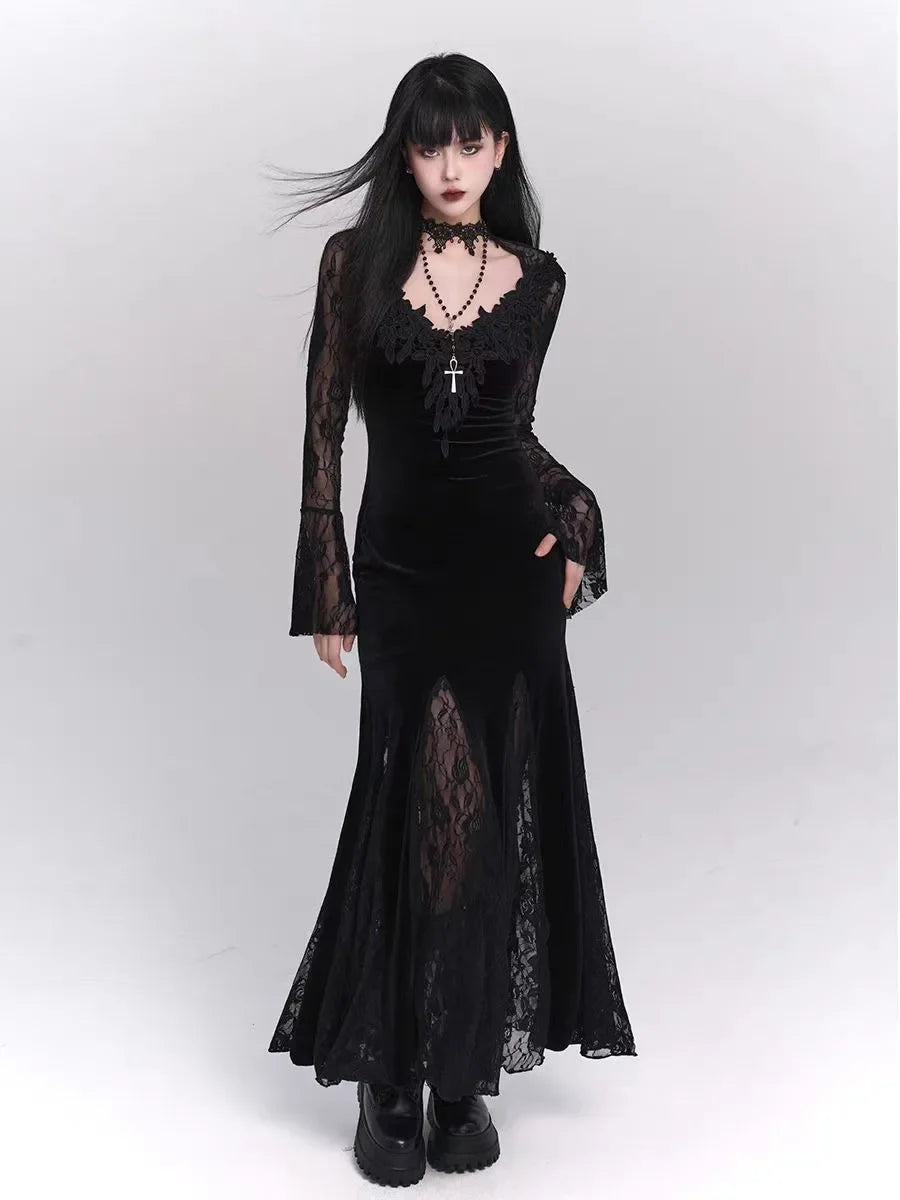 Gothic Wine Red Lace Dress