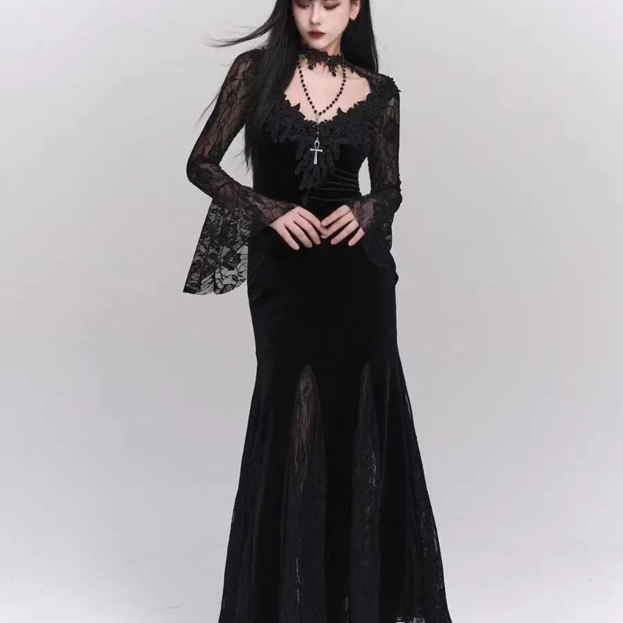 Gothic Wine Red Lace Dress
