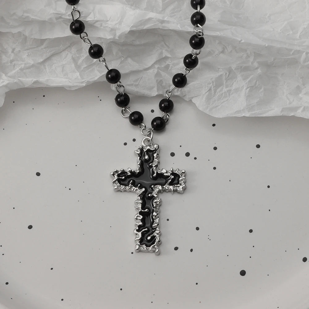 Gothic Black Rosary Necklace