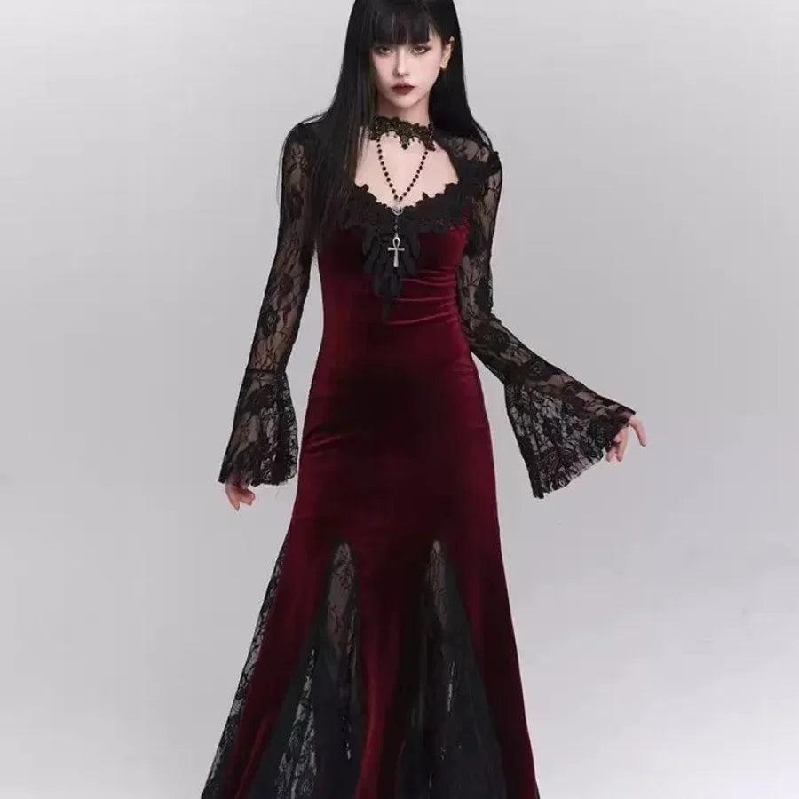 Gothic Wine Red Lace Dress