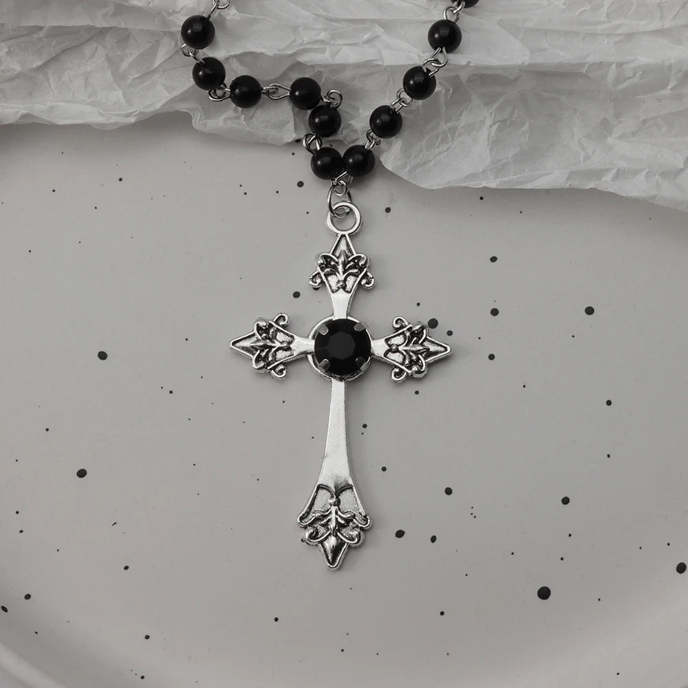 Gothic Black Rosary Necklace