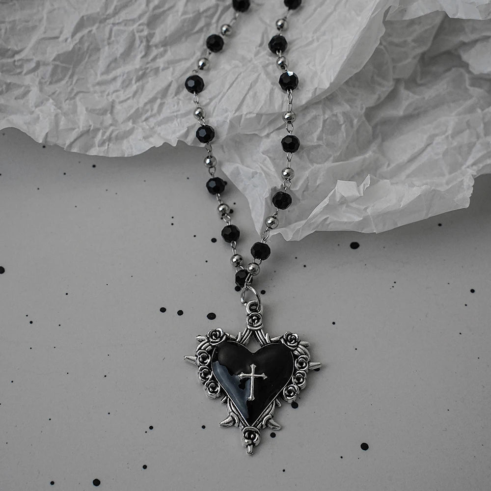 Gothic Black Rosary Necklace