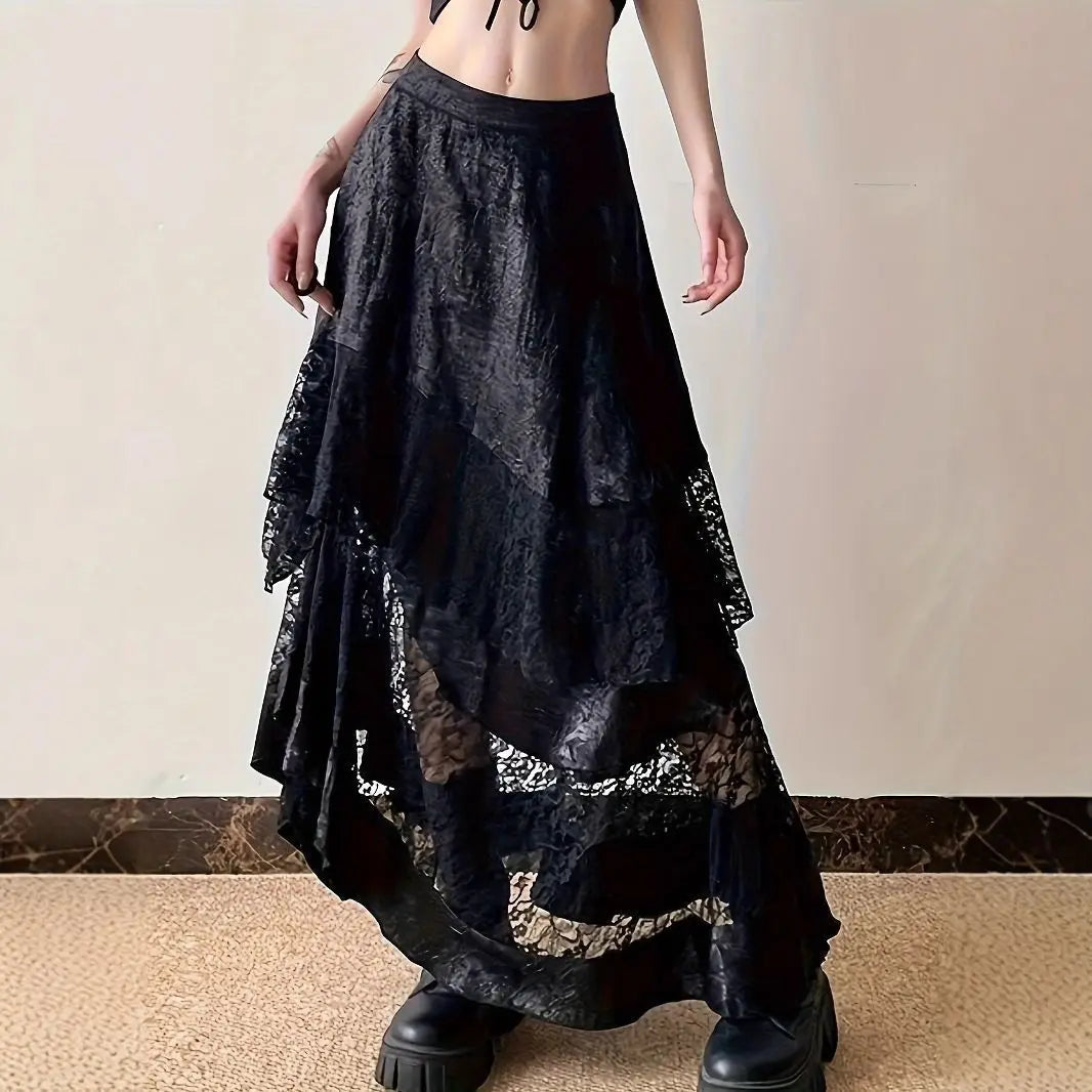 Gothic Vintage Midnight Lace Midi Skirt