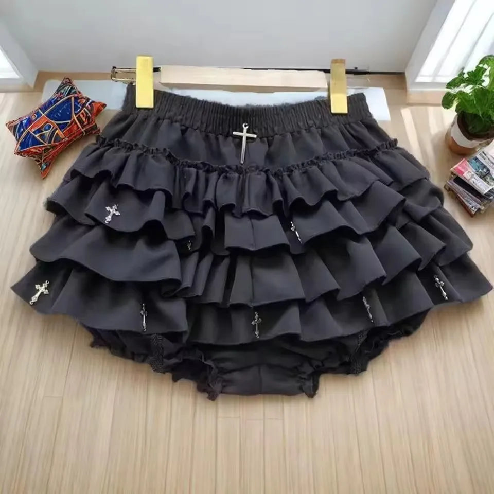 Cross Charm Ruffle Mini Skirt