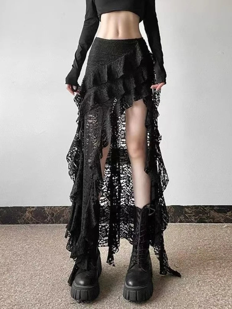 Gothic Vintage Midnight Lace Midi Skirt