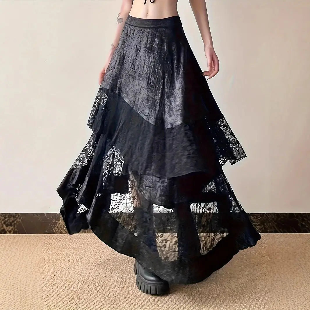 Gothic Vintage Midnight Lace Midi Skirt