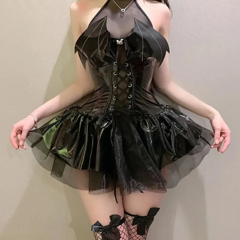Goth Bat Wing Corset Dress Bondage Attire