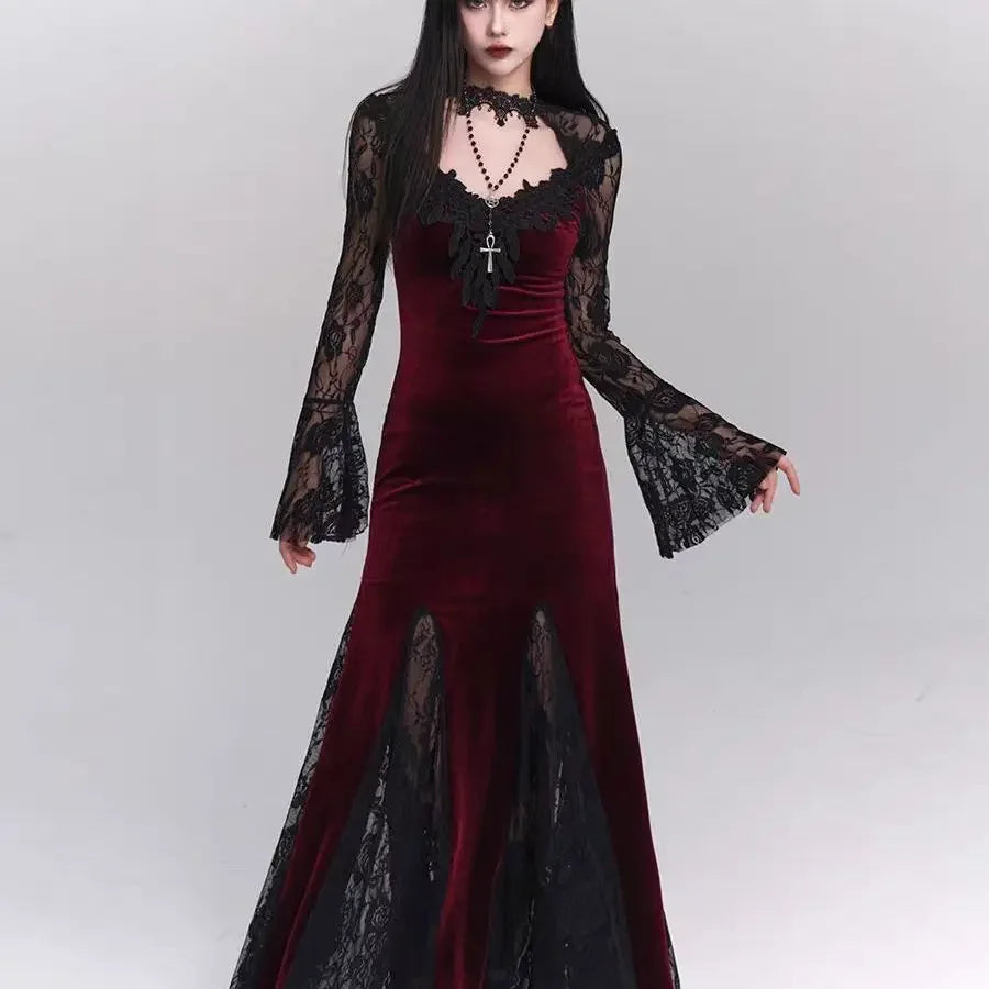 Gothic Wine Red Lace Dress