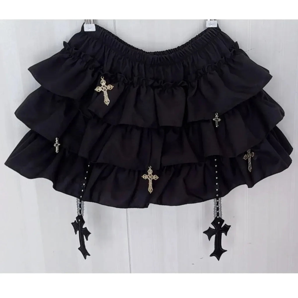 Cross Charm Ruffle Mini Skirt