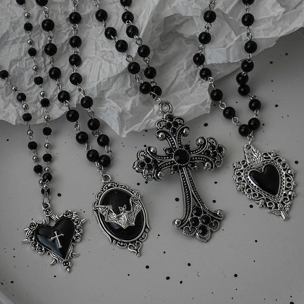 Gothic Black Rosary Necklace