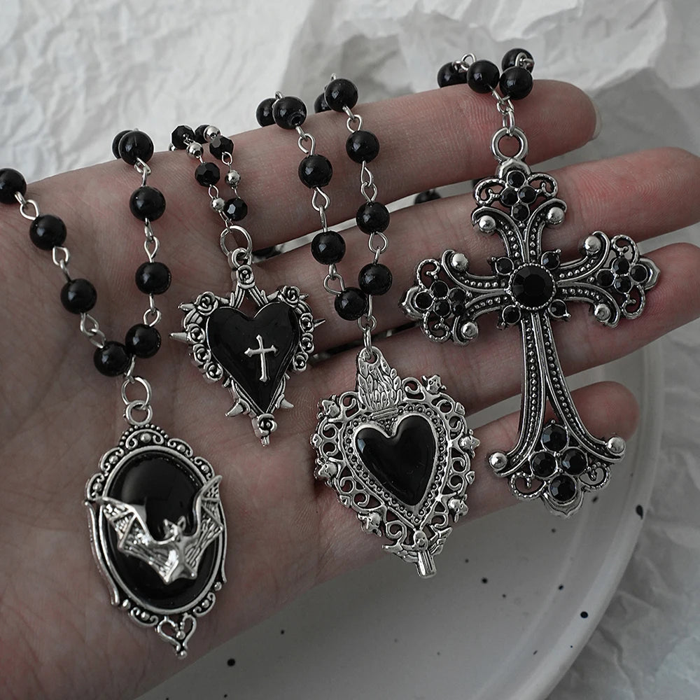 Gothic Black Rosary Necklace