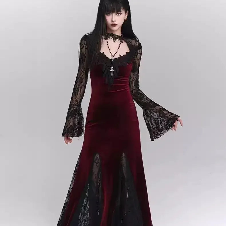 Gothic Wine Red Lace Dress