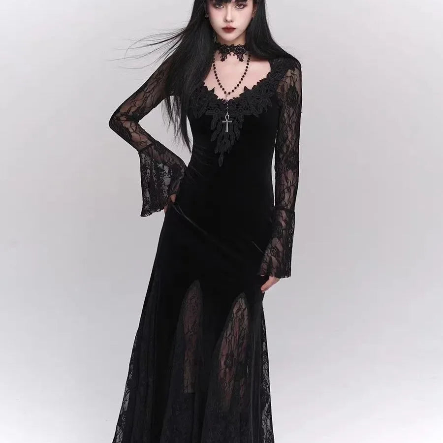 Gothic Wine Red Lace Dress