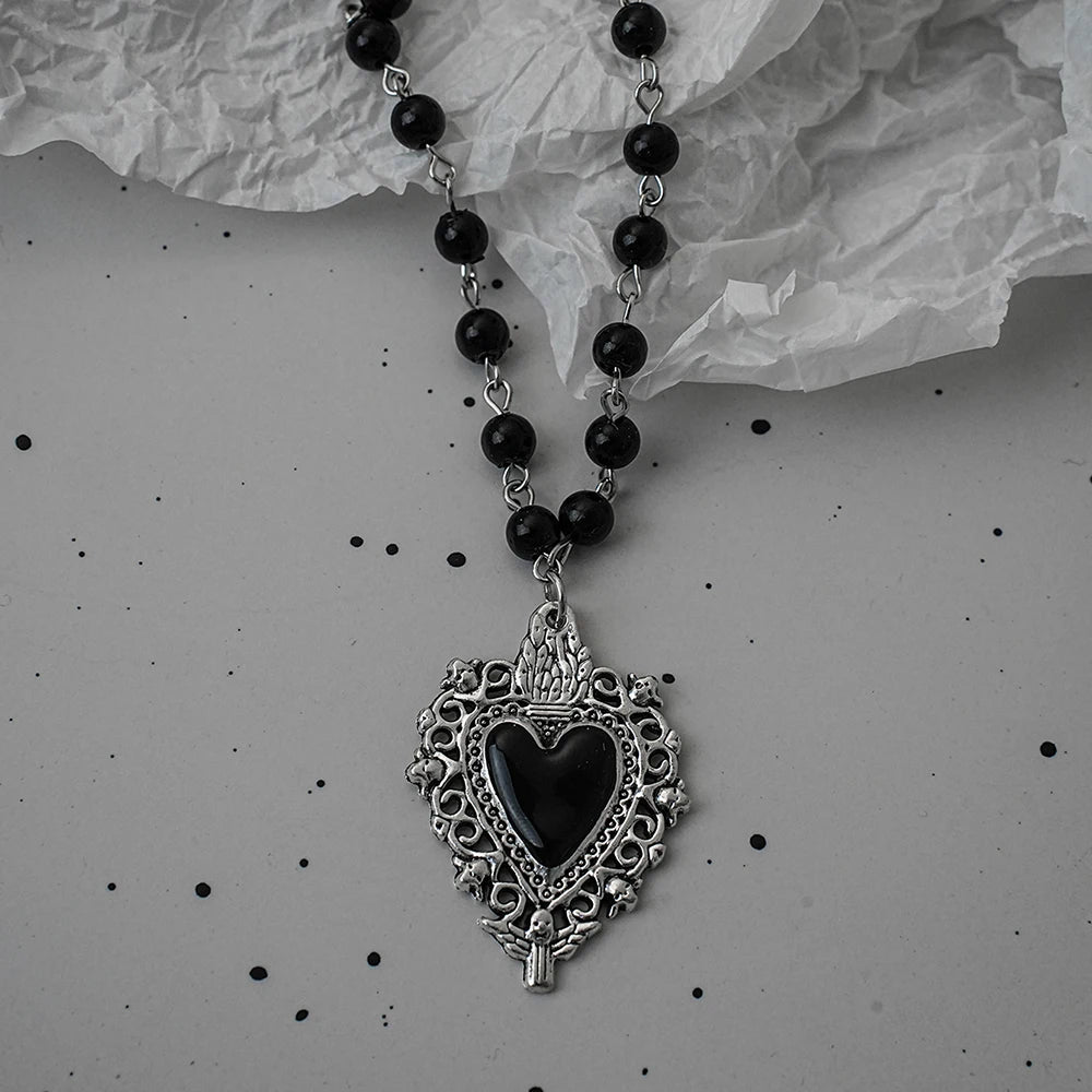 Gothic Black Rosary Necklace