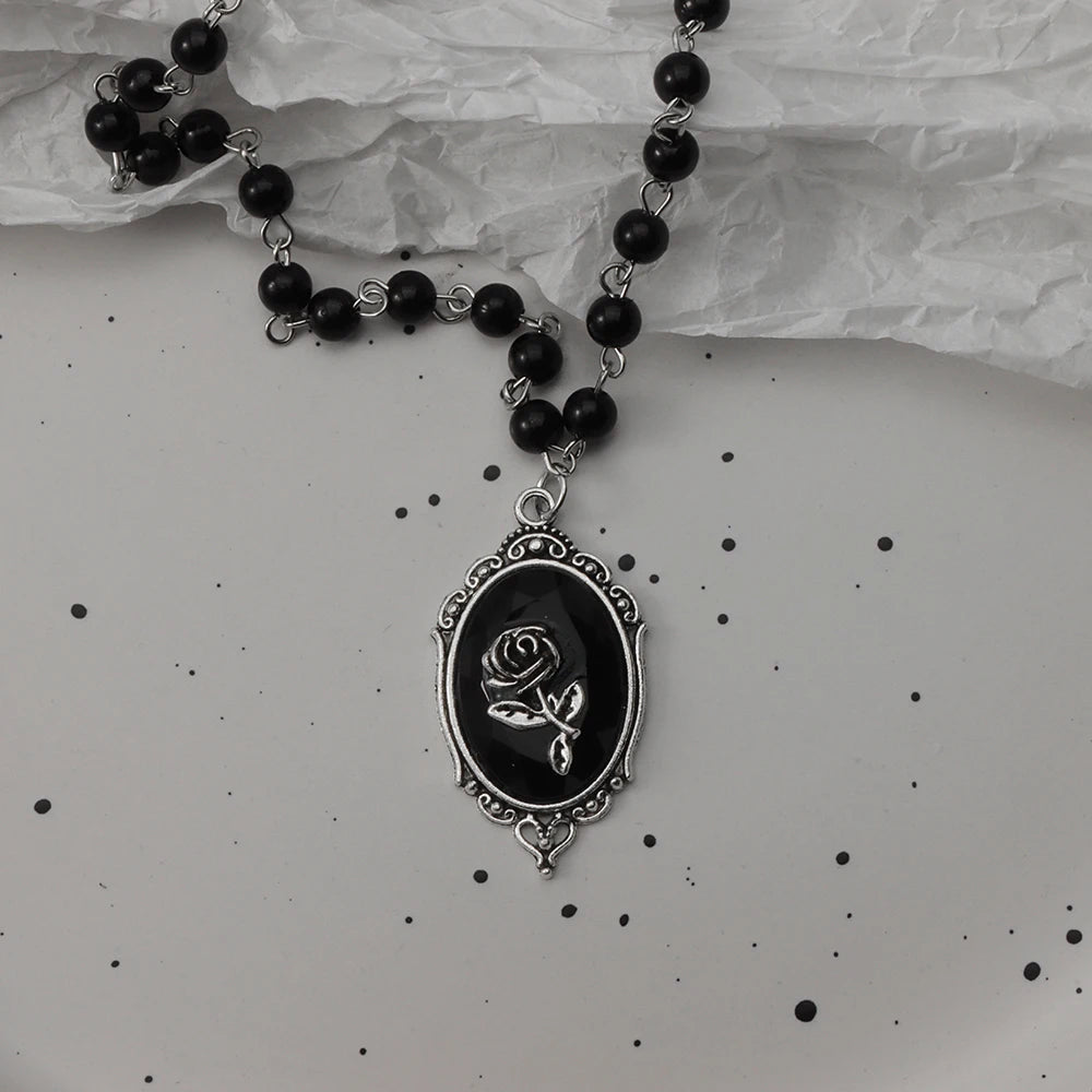 Gothic Black Rosary Necklace
