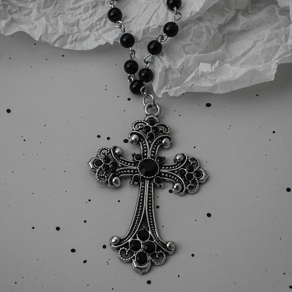 Gothic Black Rosary Necklace