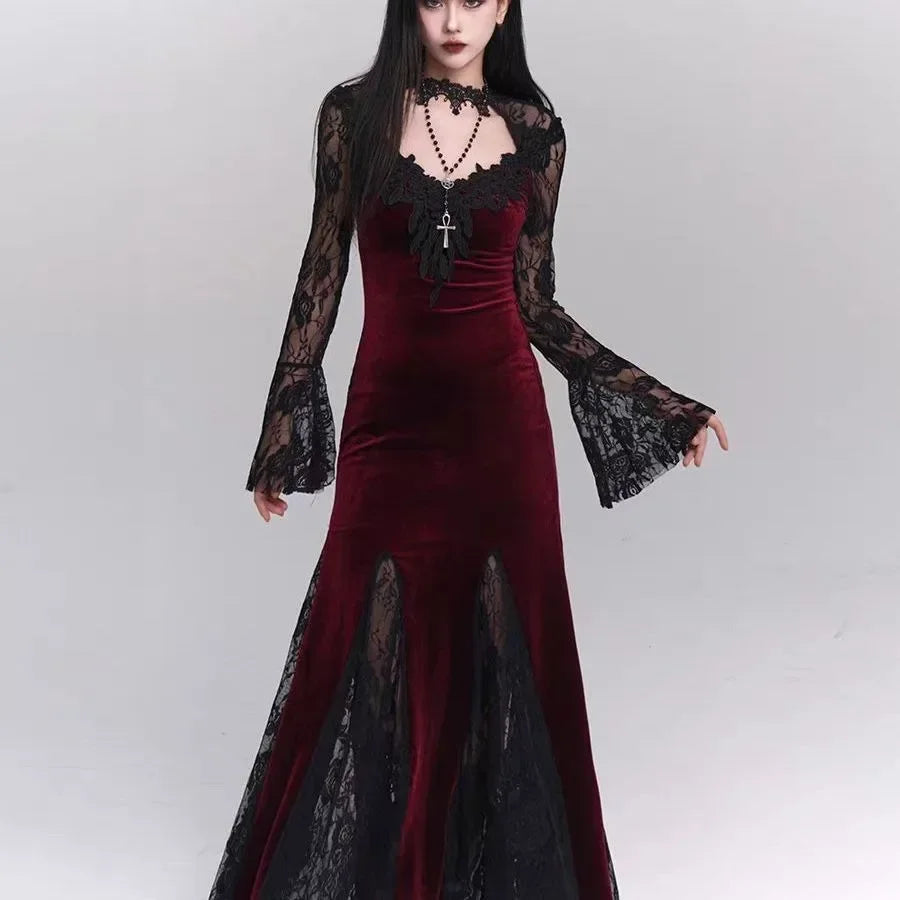Gothic Wine Red Lace Dress