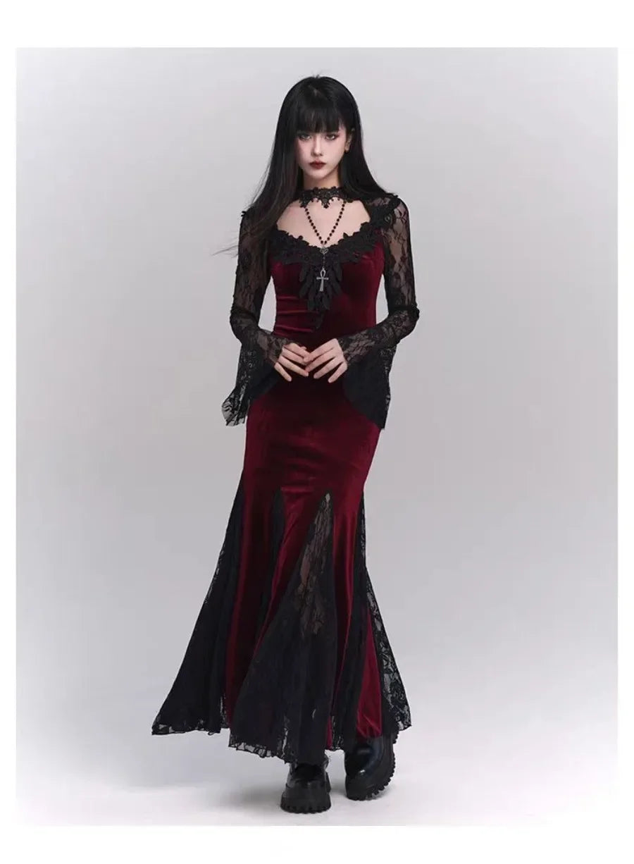 Gothic Wine Red Lace Dress