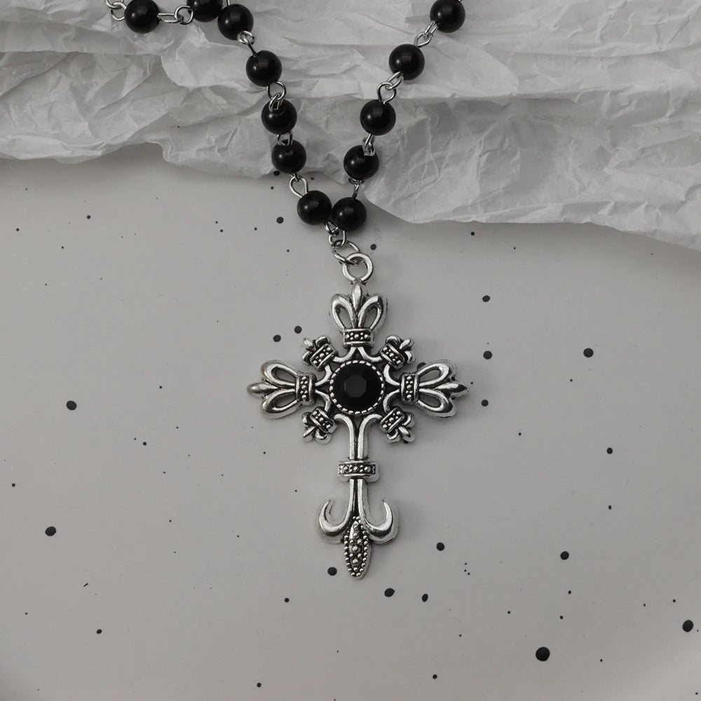 Gothic Black Rosary Necklace