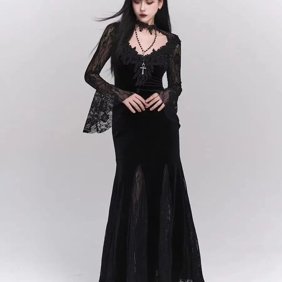 Gothic Wine Red Lace Dress