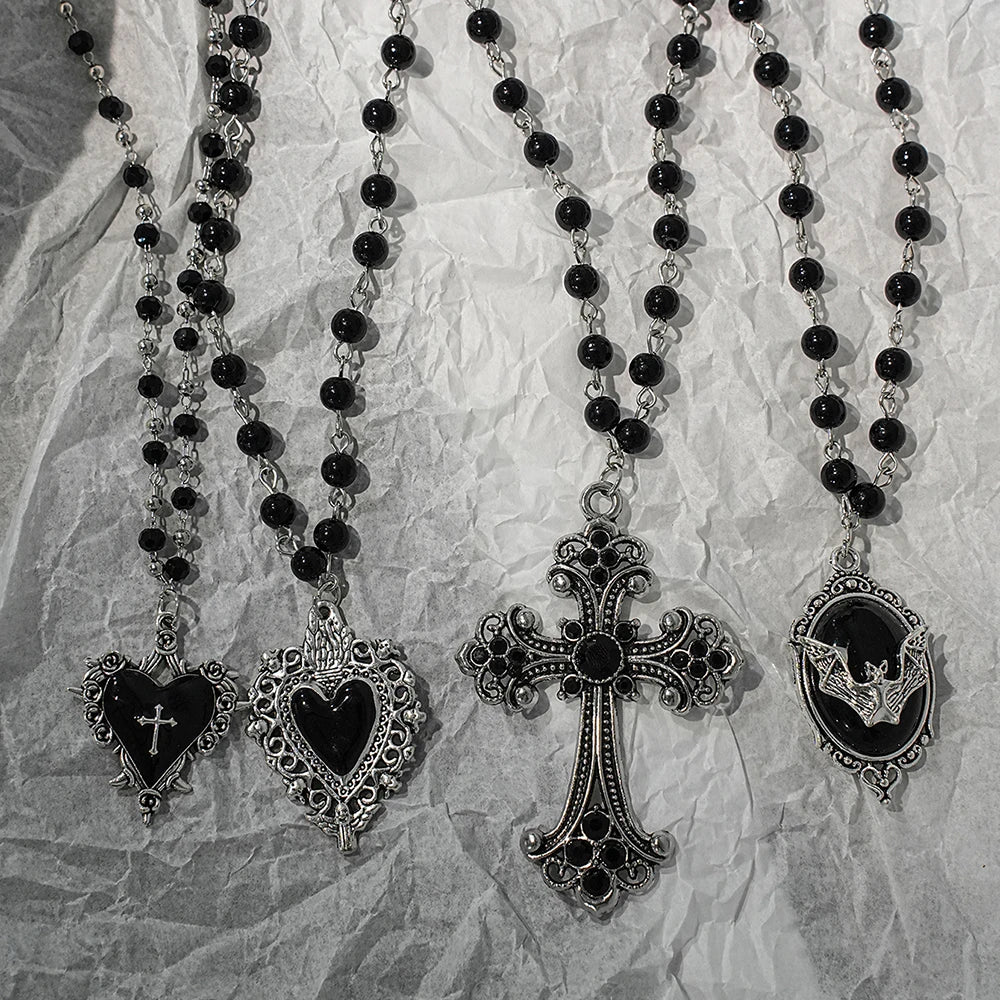 Gothic Black Rosary Necklace