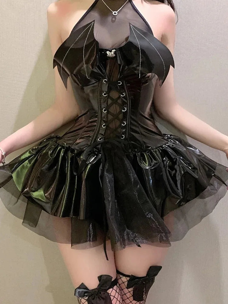Goth Bat Wing Corset Dress Bondage Attire