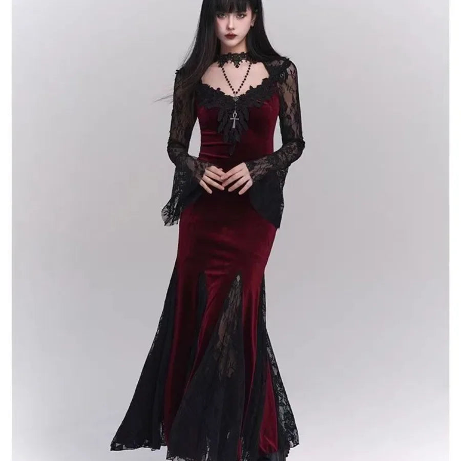 Gothic Wine Red Lace Dress