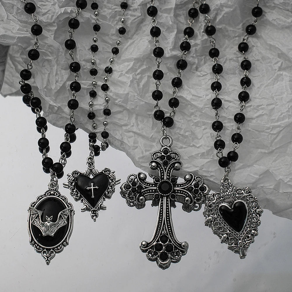 Gothic Black Rosary Necklace