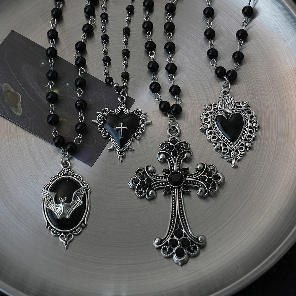 Gothic Black Rosary Necklace