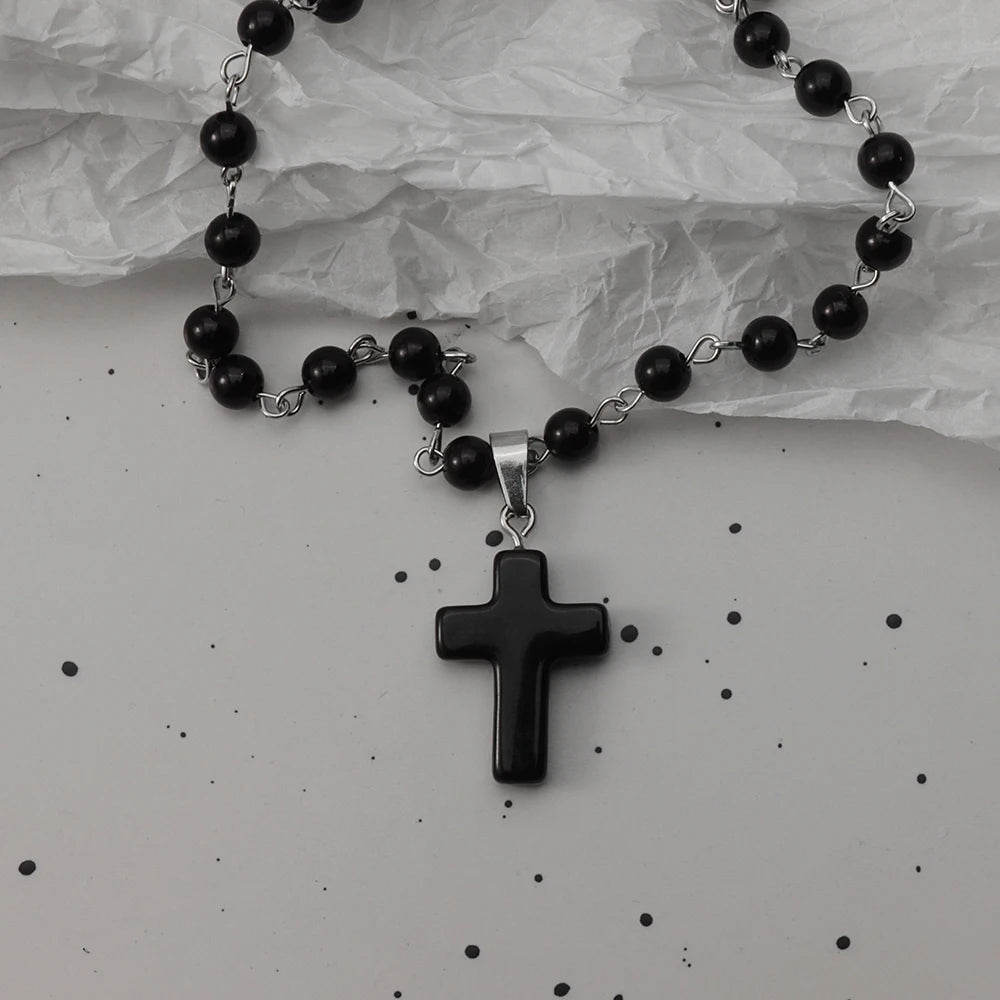Gothic Black Rosary Necklace